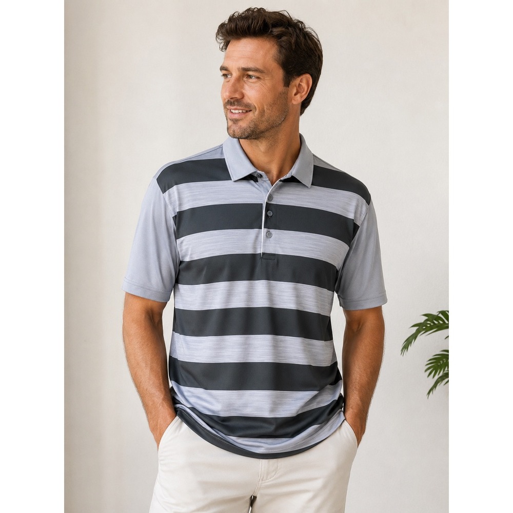 Adidas Golf Polo Shirt Men Large Grey Black Striped Short Sleeve Performance